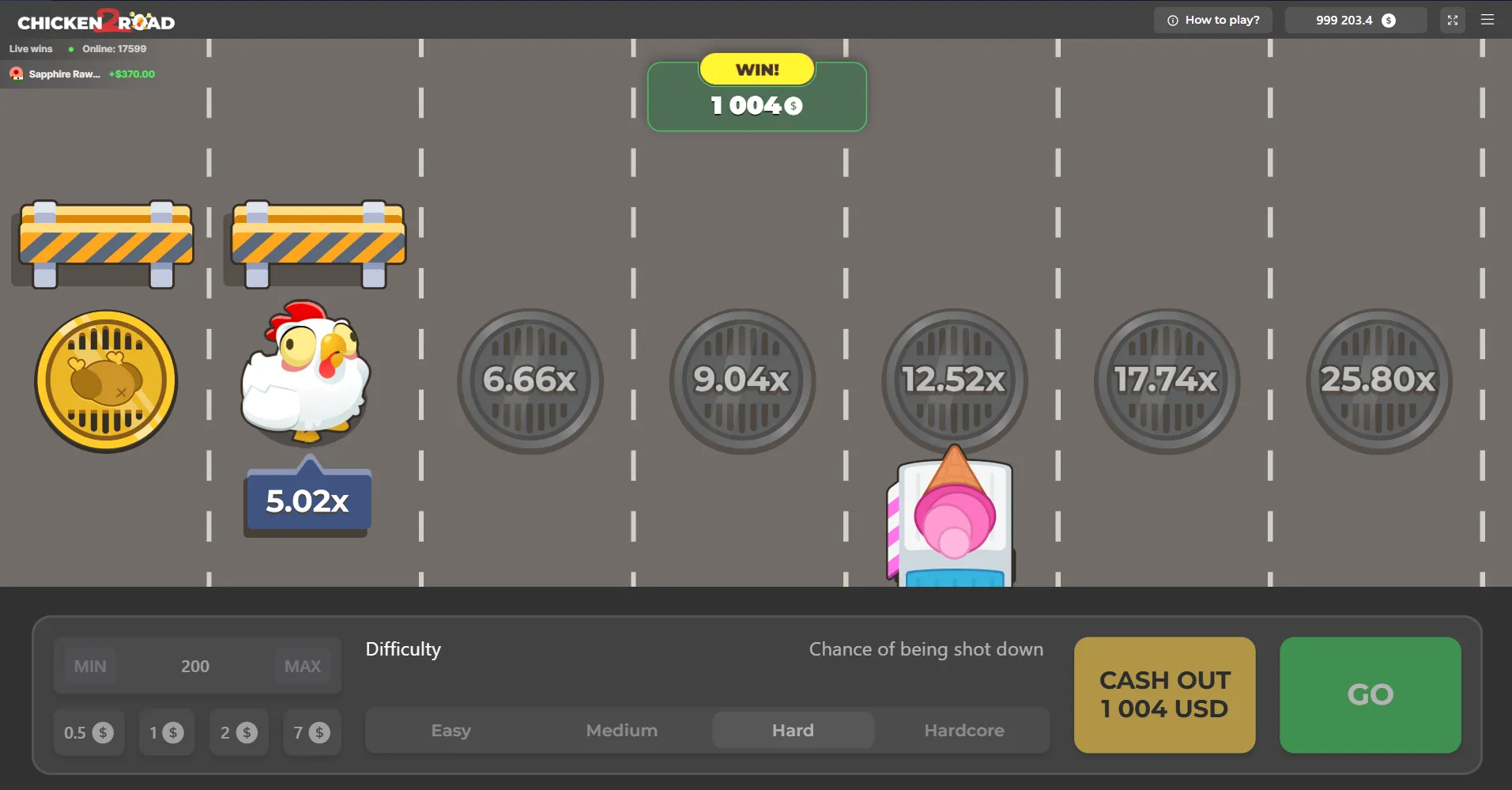 Chicken Road 2 Spielbildschirm, auf dem das Huhn die Straße überquert und der Gewinn-Multiplikator wächst