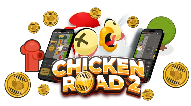Chicken Road 2 Logo mit Huhn und Goldmünzen, mobiles Spiel im Hintergrund