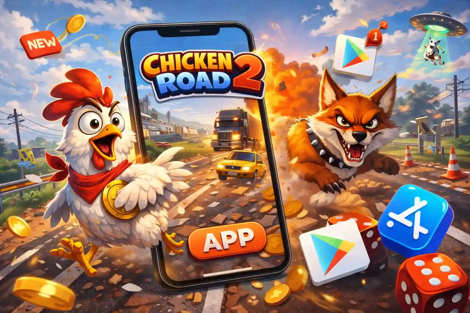 Chicken Road 2 app illustration with cartoon chicken, smartphone gameplay screen, and dynamic road action scene