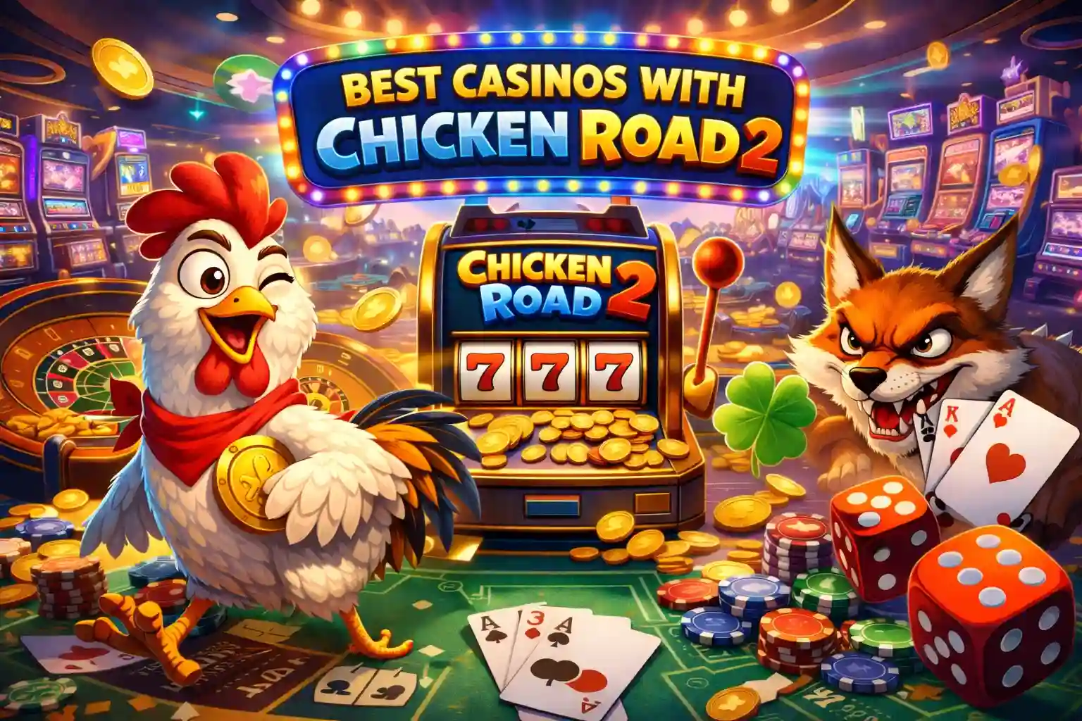 Best casinos with Chicken Road 2 featuring cartoon rooster, slot machine, and casino chips in a vibrant gaming scene