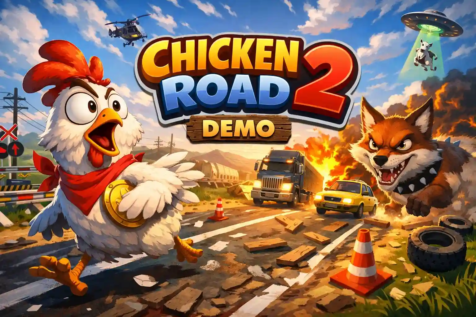 Portada del juego demo Chicken Road 2 con un pollo de dibujos animados corriendo por una carretera caótica llena de coches y obstáculos